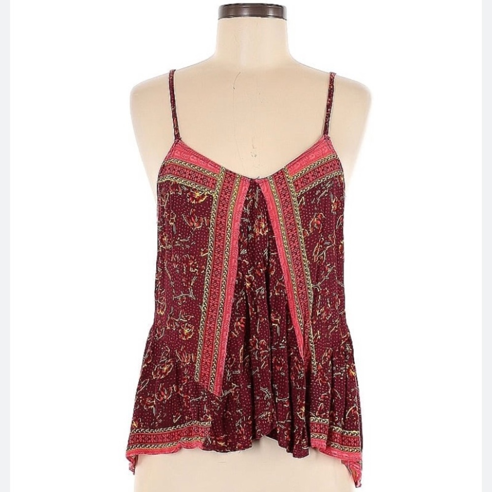 Free People Boho Burgundy Floral Print V Neck Tank Small